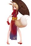  animal_ears bare_legs barefoot brown_hair fox_ears fox_tail full_body geta highres holding holding_shoes japanese_clothes long_hair looking_at_viewer looking_back multiple_tails oriental_umbrella original pelvic_curtain red_eyes sandals shoes simple_background single_shoe sleeves_pushed_up sola7764 soles solo tail umbrella white_background 