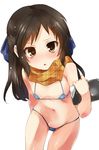  :o bad_id bad_pixiv_id bikini blush bow brown_eyes brown_hair full-face_blush highres idolmaster idolmaster_cinderella_girls micro_bikini navel paopao scarf shiny shiny_skin swimsuit tablet_pc tachibana_arisu white_background 