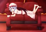  barefoot bat_wings blue_hair couch cup curtains drinking_glass fang hat hat_ribbon head_rest legs_up looking_at_viewer lying mob_cap on_stomach open_mouth ori_(foxdie) puffy_short_sleeves puffy_sleeves red_eyes remilia_scarlet ribbon sash short_hair short_sleeves skirt skirt_set solo touhou wine_glass wings wrist_cuffs 