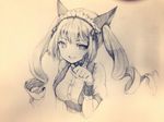  :d akiha_rumiho detached_collar drill_hair graphite_(medium) long_hair looking_at_viewer maid_headdress momoko_(momopoco) monochrome open_mouth paw_pose portrait smile solo steins;gate traditional_media twin_drills twintails upper_body wrist_cuffs 