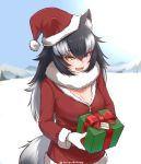  1girl :d animal_ear_fluff animal_ears artist_name black_hair blue_eyes box coat commentary day disco_brando fang fur-trimmed_coat fur-trimmed_hat fur-trimmed_sleeves fur_collar fur_trim gift gift_box gloves grey_wolf_(kemono_friends) hair_between_eyes hat heterochromia highres kemono_friends long_sleeves looking_at_viewer merry_christmas mountainous_horizon multicolored_hair open_mouth outdoors pom_pom_(clothes) red_coat red_hat santa_costume santa_hat smile snow solo tail twitter_username two-tone_hair upper_body white_gloves white_hair wolf_ears wolf_tail yellow_eyes 
