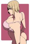  1girl ass blonde_hair blue_eyes bra breasts cleavage hidarikiki huge_ass huge_breasts lingerie no_panties original short_hair solo underwear 