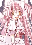  blush dress gloves hair_ribbon kaname_madoka mahou_shoujo_madoka_magica open_mouth pink_hair ribbon smile solo two_side_up u_u_(mooooooou) ultimate_madoka upper_body white_dress yellow_eyes 