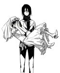  1girl black_eyes black_hair bridal_veil carrying couple covering_face crossdressing dress eren_yeager hetero highres mikasa_ackerman monochrome princess_carry role_reversal scarf shar shingeki_no_kyojin shoe_dangle short_hair sketch veil wedding_dress 