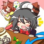  3_3 ? ^_^ ahoge animal_ears black_hair bow breasts brown_hair caterpillar closed_eyes eyewear_on_head fang futatsuiwa_mamizou gourd houjuu_nue large_breasts leaf multiple_girls open_mouth raccoon_ears raccoon_tail rindou_(p41neko) short_hair smile sweat table tail thought_bubble touhou 