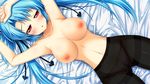  1girl areolae armpits arms_up bed blue_hair blush breasts embarrassed game_cg highres hips hitotsu_tobashi_ren&#039;ai hitotsu_tobashi_ren'ai large_breasts legs long_hair looking_at_viewer lying navel nipples no_bra panties pantyhose red_eyes solo sonohara_aori thighs twintails underwear 