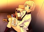  argonauts blonde_hair blue_eyes box chips drink eating food mibu_natsuki mouth_hold non_(argonauts) potato_chips short_hair sitting solo 