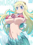  :&lt; blonde_hair blue_eyes blush breasts fuji-san grabbing groin hair_ornament jet_yowatari jewelry large_breasts long_hair mermaid monster_girl namiuchigiwa_no_muromi-san navel necklace solo strap_gap tan tanline very_long_hair 