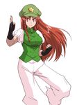  alternate_eye_color braid fighting_stance fingerless_gloves gloves hat highres hong_meiling iwatobi_hiro long_hair pants puffy_short_sleeves puffy_sleeves red_eyes red_hair short_sleeves simple_background smile solo star touhou twin_braids white_background 