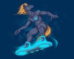  barcode blue_background blue_eyes cyan_eyes e621 equine fur glowing gold_hair grey_body grey_fur hair hi_res horse hoverboard looking_at_viewer male mammal mascot nude plain_background solo standing surfer surfing wiredhooves 