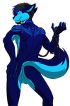  alpha_channel anthro balls black_hair blue_eyes blue_fur blue_hair butt canine collar djwolf facial_hair fur goatee hair half-closed_eyes hand_on_butt leash male mammal nude presenting sapphwolf simple_background smile solo transparent_background wolf 