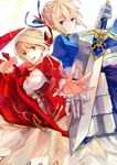  aestus_estus ahoge artoria_pendragon_(all) blonde_hair blue_eyes breasts cleavage dress epaulettes excalibur fate/extra fate/stay_night fate_(series) fujiwara_truffe gauntlets green_eyes hair_ribbon juliet_sleeves long_sleeves medium_breasts multiple_girls nero_claudius_(fate) nero_claudius_(fate)_(all) puffy_sleeves red_dress ribbon saber see-through sword weapon 