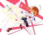  ahoge ayakashi_(monkeypanch) bad_id bad_pixiv_id brown_hair fang hair_over_one_eye highres loafers navel original school_uniform serafuku shoes skirt smile socks solo sword torn_clothes weapon 