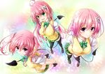  3girls asahi_(ge_nyu) green_eyes lala_satalin_deviluke momo_velia_deviluke nana_asta_deviluke pink_hair purple_eyes seifuku tail to_love_ru zettai_ryouiki 