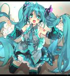  :d aqua_eyes aqua_hair boots detached_sleeves hatsune_miku kneeling letterboxed long_hair necktie open_mouth skirt smile solo thigh_boots thighhighs toujou_sakana twintails very_long_hair vocaloid 