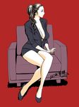 breasts brown_eyes brown_hair business_suit chair cleavage crossed_legs dated formal jacket large_breasts legs long_hair mature miniskirt office_lady original pencil_skirt ponytail red_background signature sitting skirt skirt_suit solo suit tatsunami_youtoku 