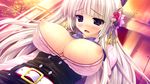  aina_ashwin blonde_hair blue_eyes blush breasts breasts_outside game_cg hair_ornament highres large_breasts long_hair long_sleeves nipples official_art open_mouth prism_recollection! puffy_nipples shintarou solo sweat 