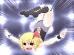  alternate_costume black_leotard blonde_hair blush boots circus fangs full_body hair_ribbon knee_boots leotard open_mouth outstretched_arms red_eyes ribbon rumia shirosato short_hair smile touhou upside-down wrist_cuffs 