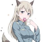  animal_ears blonde_hair blush condom condom_in_mouth eila_ilmatar_juutilainen fox_ears fox_tail grin long_hair military military_uniform mouth_hold naughty_face purple_eyes smile solo strike_witches tail uniform world_witches_series yozo_(stanky) 