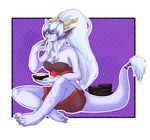  abstract_background breasts cat chimney_(artist) chopsticks claws clothing crop_top dragon eating feline female freckles hair happy horn hybrid long_hair looking_at_viewer mammal midriff one_eye_closed ponytail purple_eyes rice scar shorts sitting solo tail_wrap vanga white_hair wink 
