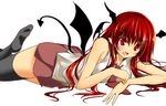  bat_wings black_legwear demon_tail demon_wings fang fukunaga_kazuhiro head_wings highres koakuma long_hair lying on_stomach pointy_ears red_eyes red_hair solo tail thighhighs touhou very_long_hair wings 