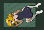  all_fours ass blonde_hair from_above hairband kise_yayoi looking_at_viewer looking_back one-piece_swimsuit precure rohitsuka short_hair sketch smile_precure! solo swimsuit thighhighs white_hairband white_legwear yellow_eyes 