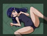  aoki_reika blue_eyes blush hair_ornament hairclip long_hair lying on_back one-piece_swimsuit precure purple_hair rohitsuka sketch smile_precure! solo spread_legs swimsuit 