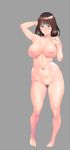  arm_up barefoot breasts brown_eyes brown_hair full_body glasses grey_background highres hyji large_breasts legs looking_at_viewer navel nude original pubic_hair short_hair simple_background smile solo thick_thighs thighs 