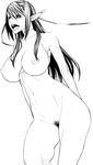  1girl breasts elf hidarikiki highres huge_breasts long_hair monochrome nipples nude original pointy_ears solo very_long_hair 
