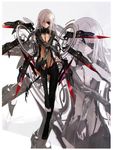  absurdres between_breasts bodysuit braid breasts center_opening cleavage crossed_arms eyepatch feet glowing glowing_eye highres huge_filesize long_hair mechanical_wings medium_breasts million_arthur_(series) nil pointy_ears red_eyes scan side_braid silver_hair sitting solo wings zoom_layer 