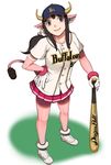  animal_ears baseball_bat baseball_cap buffalo_bell buffalo_bell_(cosplay) chi-chi_(dragon_ball) clothes_writing cosplay cow_ears cow_horns cow_tail dragon_ball engrish gloves harumaki hat horns nippon_professional_baseball orix_buffaloes pleated_skirt ranguage simple_background skirt smile solo standing tail white_background 