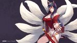  ahri animal_ears bare_shoulders black_hair breasts character_name cleavage detached_sleeves facial_mark fox_ears fox_tail highres jeanyei korean_clothes large_breasts league_of_legends long_hair multiple_tails smile solo tail whisker_markings yellow_eyes 