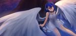  1girl angel_wings arceonn bare_legs bare_shoulders blue_hair borrowed_character copyright_request dress headphones ice original phyrnna short_hair sitting sky solo star_(sky) starry_sky water white_dress wings yellow_eyes 