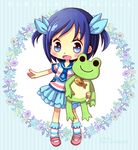  blue_eyes blue_hair blue_sailor_collar blush child dokidoki!_precure frog full_body hair_ribbon hishikawa_rikka hiyopuko necktie precure ribbon sailor_collar shirt shoes short_hair skirt smile socks solo stuffed_animal stuffed_frog stuffed_toy two_side_up younger 