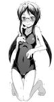  blush breasts de_(deys) glasses greyscale looking_at_viewer monochrome muroto_aki navel one-piece_swimsuit photokano school_swimsuit small_breasts solo sweat swimsuit trembling twintails 