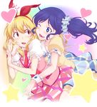  aikatsu! aikatsu!_(series) bad_id bad_pixiv_id blonde_hair blue_eyes blue_hair blush cheek_pinching headband heart heart-shaped_pupils hoshimiya_ichigo hug hug_from_behind kiriya_aoi long_hair multiple_girls one_eye_closed open_mouth pinching red_eyes sashisu side_ponytail smile star symbol-shaped_pupils yuri 