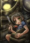  :p armor big_daddy bioshock bioshock_1 carrying diving_suit dress examheart glowing helmet large_syringe little_sister oversized_object short_hair smile syringe tongue tongue_out yellow_eyes 