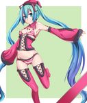  alternate_costume aqua_hair armpits bad_id bad_pixiv_id bikini boots breasts covered_nipples detached_sleeves green_background green_eyes hat hatsune_miku highres jaku_denpa long_hair looking_at_viewer medium_breasts pink_legwear smile solo striped striped_bikini swimsuit thigh_boots thighhighs twintails vocaloid wide_sleeves 