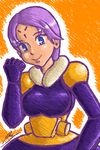  blue_eyes bodysuit borockman breasts clenched_hand facial_mark forehead forehead_mark hive_(skullgirls) medium_breasts purple_bodysuit purple_hair short_hair skullgirls smile solo 