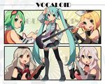  aqua_hair aren_(fubuki-46) blonde_hair boots character_name choker copyright_name detached_sleeves elbow_gloves electric_guitar gloves goggles goggles_on_head green_eyes green_hair guitar gumi hair_ornament hairclip hand_on_hip hatsune_miku ia_(vocaloid) instrument kagamine_rin long_hair mayu_(vocaloid) multiple_girls necktie open_mouth pink_hair skirt smile thigh_boots thighhighs twintails very_long_hair vocaloid 
