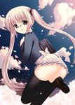  ass black_eyes black_legwear blonde_hair cherry_blossoms cloud fang glasses long_hair looking_back no_panties open_mouth original petals school_uniform solo takano_miki thighhighs twintails 