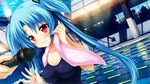  1girl bare_shoulders blue_hair blush breasts cleavage game_cg happy highres hitotsu_tobashi_ren&#039;ai hitotsu_tobashi_ren'ai long_hair looking_at_viewer microphone pool red_eyes smile sonohara_aori standing swimsuit towel twintails water wet 