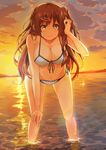  bent_over bikini breasts brown_eyes brown_hair chuunibyou_demo_koi_ga_shitai! front-tie_top hair_ornament hairclip half_updo hand_on_own_knee hanging_breasts highres kizen3 large_breasts long_hair nibutani_shinka ocean one_side_up side_ponytail solo sunset swimsuit very_long_hair wading water 