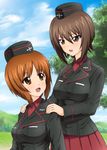  brown_eyes brown_hair diesel-turbo garrison_cap girls_und_panzer hat kuromorimine_military_uniform military military_uniform multiple_girls nishizumi_maho nishizumi_miho short_hair siblings sisters uniform 