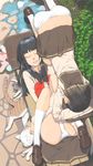  akinbo_(hyouka_fuyou) arm_rest bad_anatomy bad_id bad_pixiv_id bangs bench black_hair blush brown_hair cat highres loafers long_hair lying multiple_girls on_back on_stomach original panties parted_lips puddle reflection shoes short_hair skirt skirt_lift underwear 