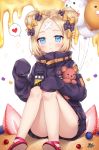  1girl :&lt; abigail_williams_(fate/grand_order) ass balloon bangs black_bow black_jacket blonde_hair blue_eyes blush bow closed_mouth commentary crossed_bandaids double_bun eyebrows_visible_through_hair fate/grand_order fate_(series) food fruit hair_bow heart heroic_spirit_traveling_outfit jacket long_hair long_sleeves looking_at_viewer object_hug orange_bow parted_bangs polka_dot polka_dot_bow pong_(vndn124) red_footwear side_bun sidelocks sitting sleeves_past_fingers sleeves_past_wrists solo spoken_heart strawberry stuffed_animal stuffed_toy teddy_bear 