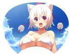  animal_ears bikini blush breast_suppress breasts cloud day hat inubashiri_momiji large_breasts open_mouth pom_pom_(clothes) red_eyes short_hair sky smile solo swimsuit tassel tokin_hat touhou uchiwa_design upper_body white_bikini white_hair wolf_ears yanagi_yuu 