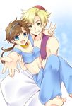  1girl aji_paba aladdin_(character) aladdin_(character)_(cosplay) aladdin_(disney) barefoot blonde_hair blue_eyes breasts brown_hair caesar_anthonio_zeppeli carrying cosplay couple facial_mark genderswap genderswap_(mtf) green_eyes hat hetero jasmine_(disney) jasmine_(disney)_(cosplay) jojo_no_kimyou_na_bouken joseph_joestar_(young) medium_breasts midriff parody ponytail princess_carry v vest 