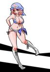  adapted_costume bikini boots borrowed_design breasts cleavage frilled_bikini frills front-tie_top hat hzmx large_breasts navel pink_hair red_eyes saigyouji_yuyuko short_hair smile solo swimsuit touhou triangular_headpiece wrestling_outfit 