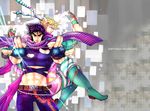  bad_id bad_pixiv_id blonde_hair blue_eyes bola_(weapon) boots bubble caesar_anthonio_zeppeli crop_top facial_mark feathers fingerless_gloves gloves gomix green_eyes hair_feathers headband jojo_no_kimyou_na_bouken joseph_joestar_(young) midriff multiple_boys pants purple_hair scarf striped striped_pants 